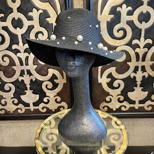 Steve Madden black straw sun pearls hat